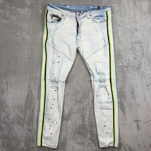 Elite Premium Denim Mens 38x32 Moto Skinny Jeans Light Wash Neon Distressed